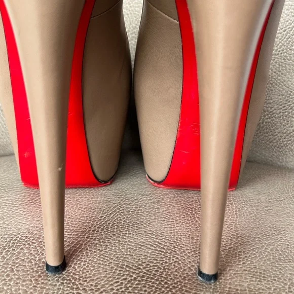 Christian Louboutin Highness 160 Nude Tan Platform Red Peep Toe Euro 38 1/2 - Picture 9 of 16